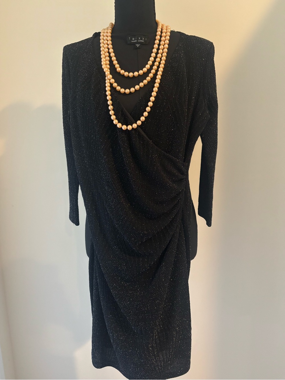 Trixxi Black Sparkle Draped Midi Dress with Long Sleeves